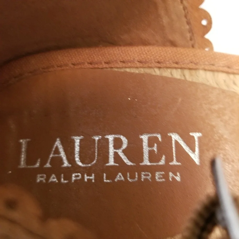 Lauren Ralph Lauren Tan Suede Scalloped Espadrille Wedge Sandals Women 8 B